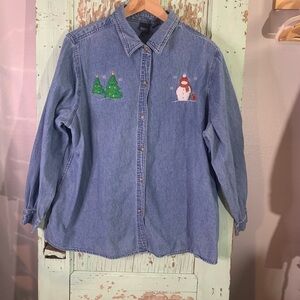 Women’s Vintage basic Editions denim collared long sleeve button down Christmas
